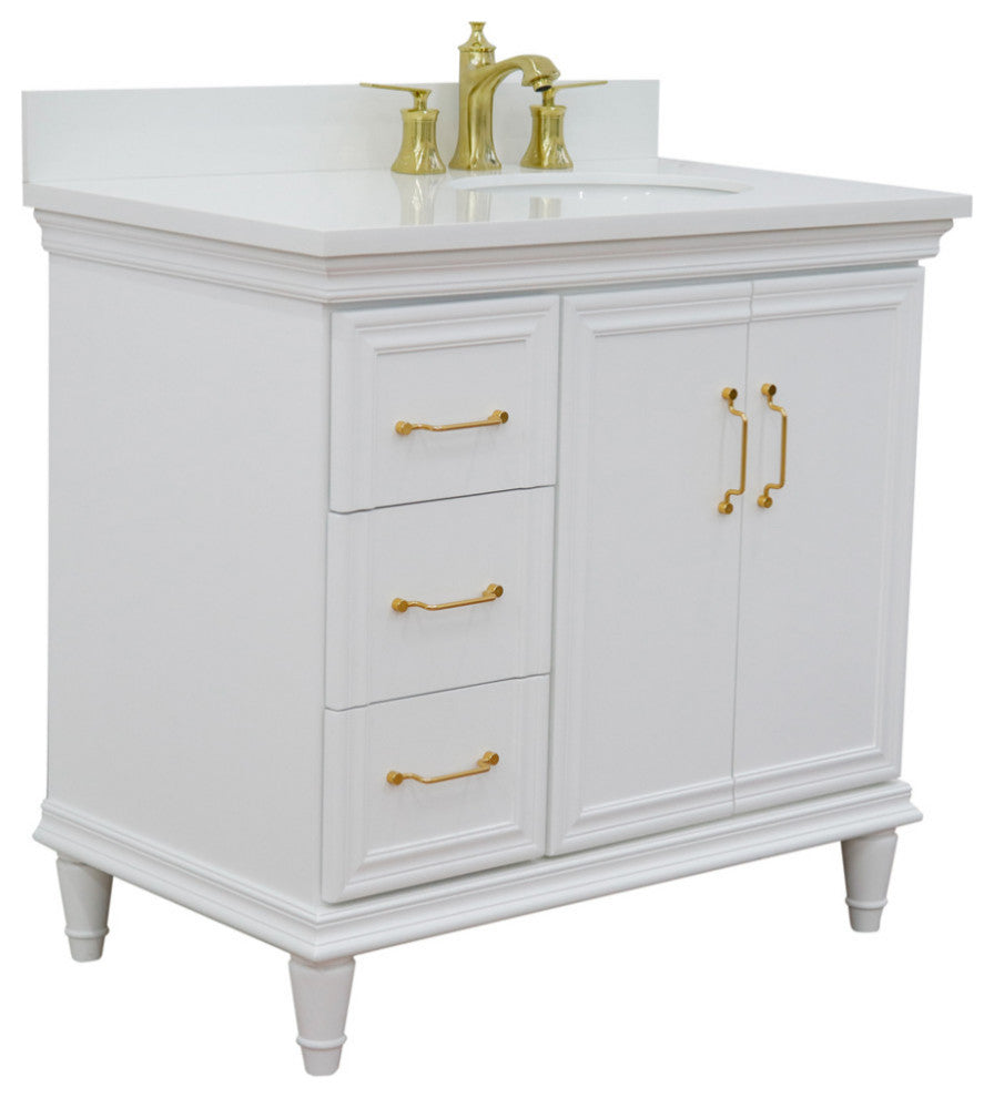 37" Single Vanity, White Finish With White Engineered Stone Top