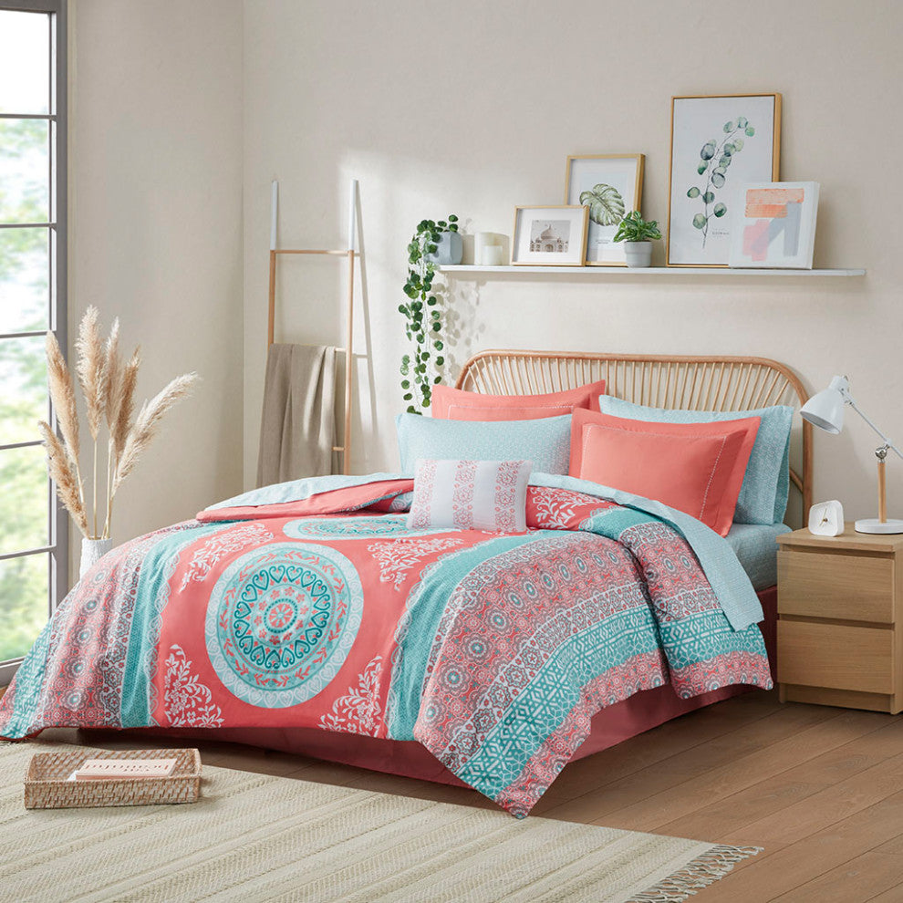 Intelligent Design Loretta Boho Comforter Set With Bed Sheets, Coral