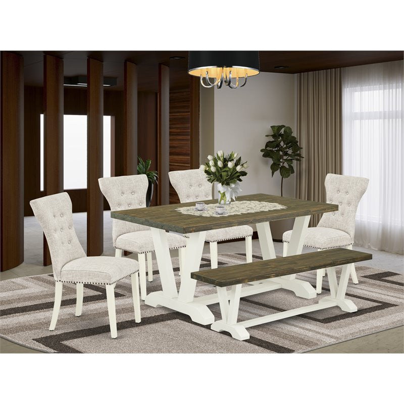 6-Piece Set, Doeskin Linen Fabric Seat Chairs, Bench and Top Table
