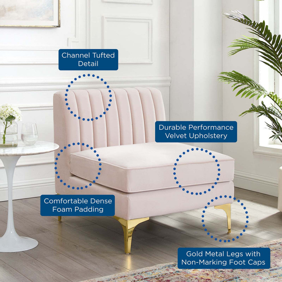 Tufted Sofa Middle Chair, Velvet, Pink, Modern, Living Lounge Hotel Hospitality