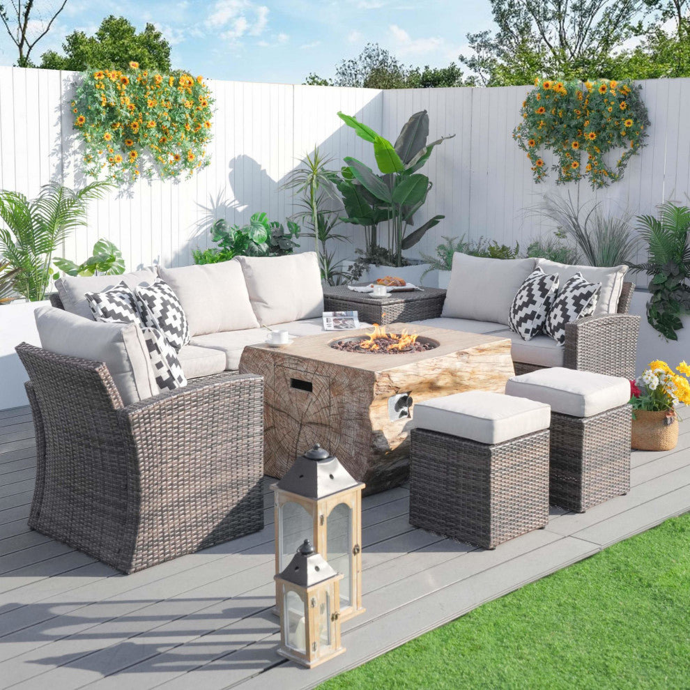 7-piece Patio Wicker Garden Chat Sofa Set with Fire pit and Storage Box, Rectangle