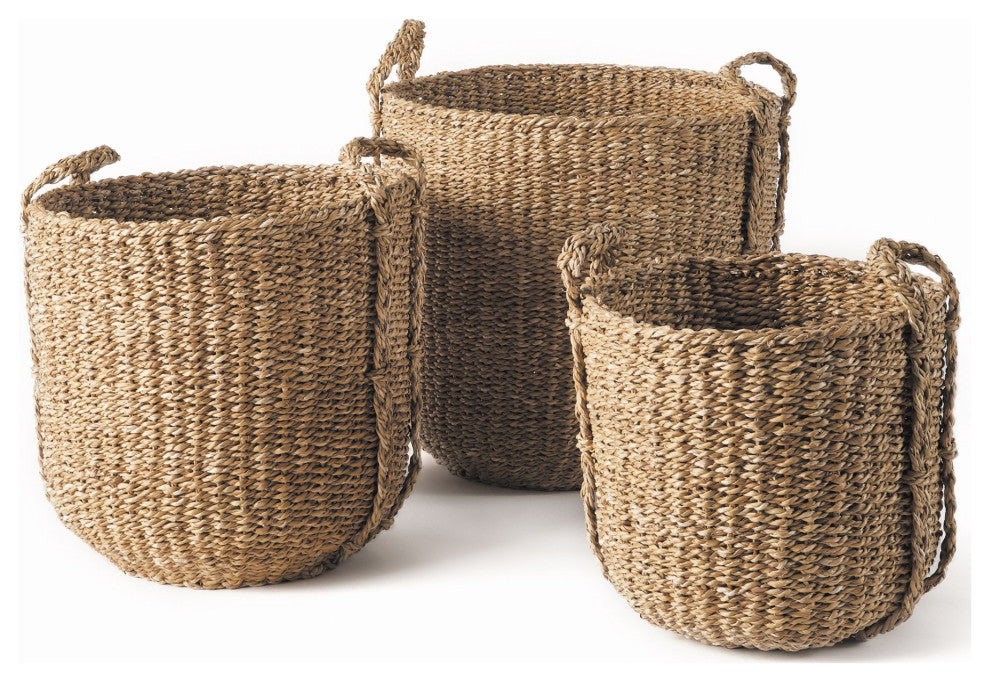 Set of 3 Contemporary Casual Natural Sea Grass Round Tote Baskets Handles Large