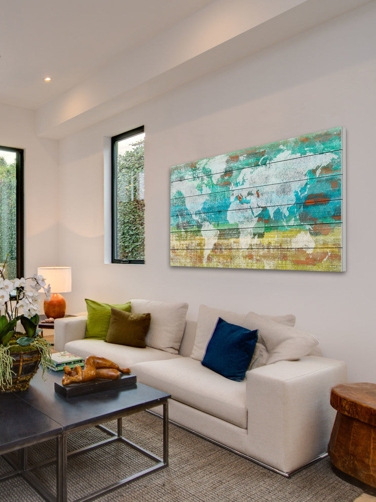 "Aqua Day" Print on White Wood, 60"x30"
