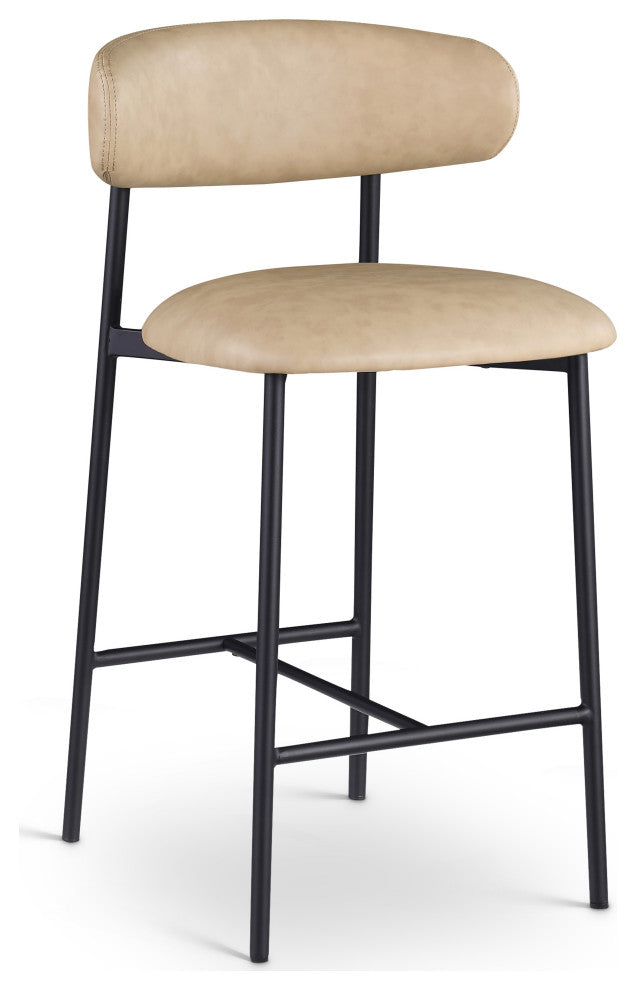 Lupita Upholstered Counter Stool, Tan, Vegan Leather, Matte Black, Set of 2