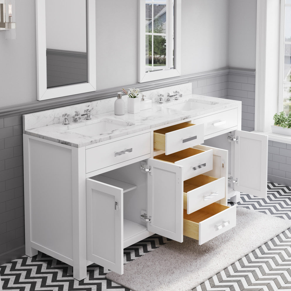 Madison Pure White Bathroom Vanity, 72", No Mirror, Two Faucets
