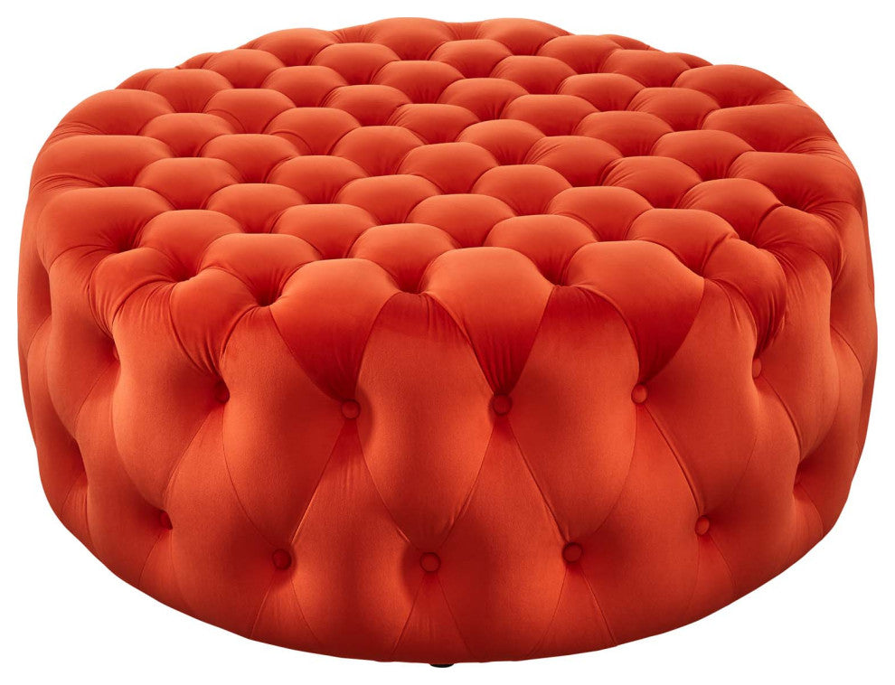 Round Ottoman Accent Tufted Chair, Orange, Velvet, Modern, Lounge Hospitality