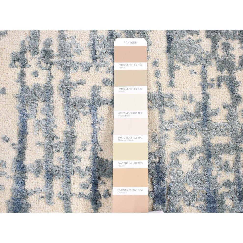 Ivory/Blue Cardiac Design Silk With Textured Wool Hand Knotted Mat Rug 2'1"x3'1"