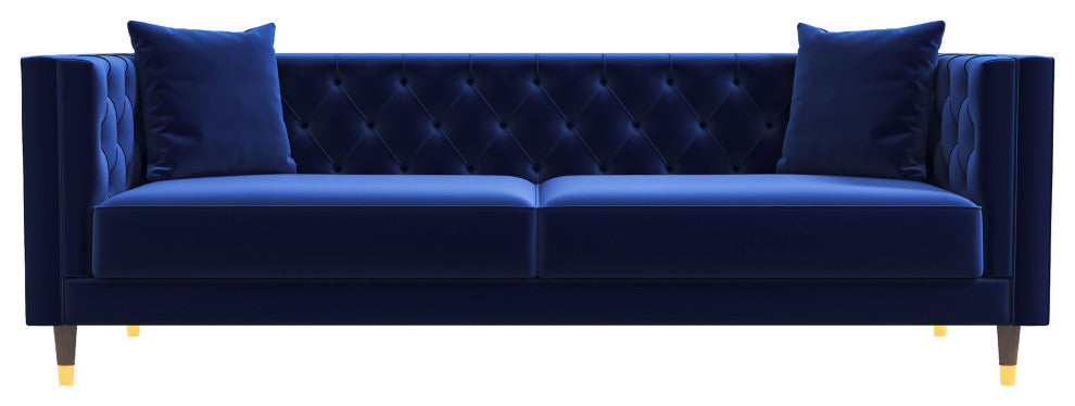 Lewis Mid-Century Modern Luxury Tufted Velvet Sofa, Dark Blue