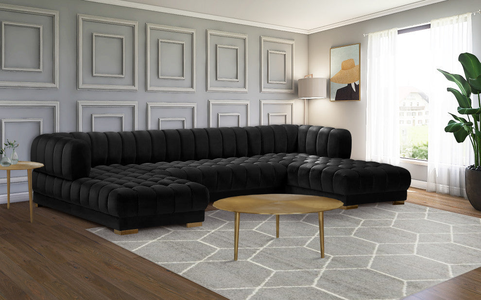 Gwen Biscuit Tufted Velvet Upholstered 3 Piece Sectional, Black