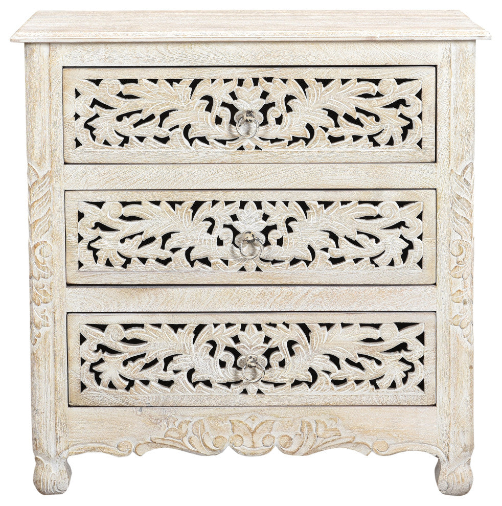 Delaney 3 Drawer Carved Nightstand, Distressed Off-White