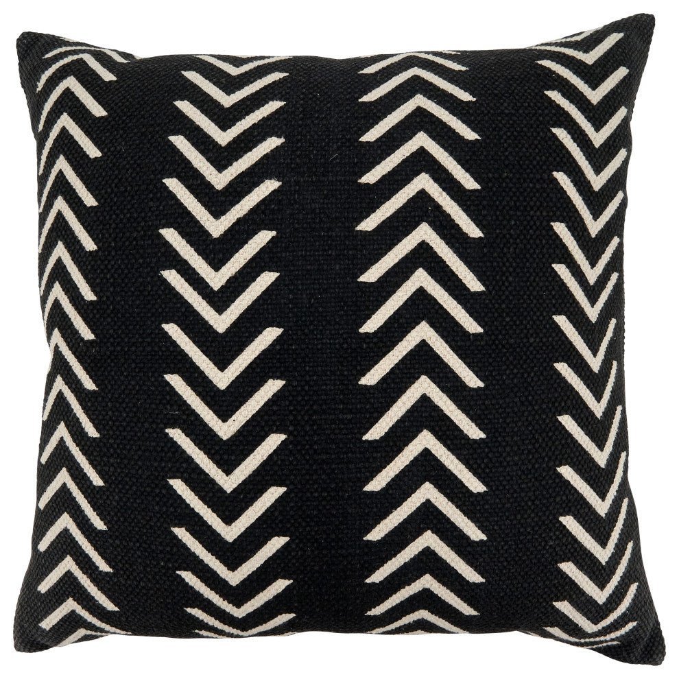 Cotton Pillow With Mudcloth Chevron Design, Black, 22", Cover Only