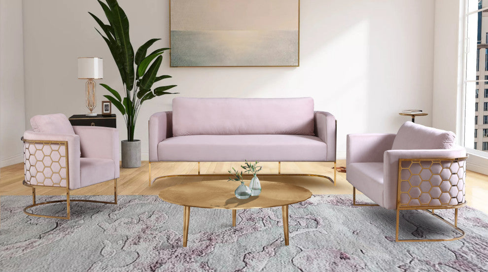 Casa Velvet Upholstered Sofa, Pink, Gold Finish
