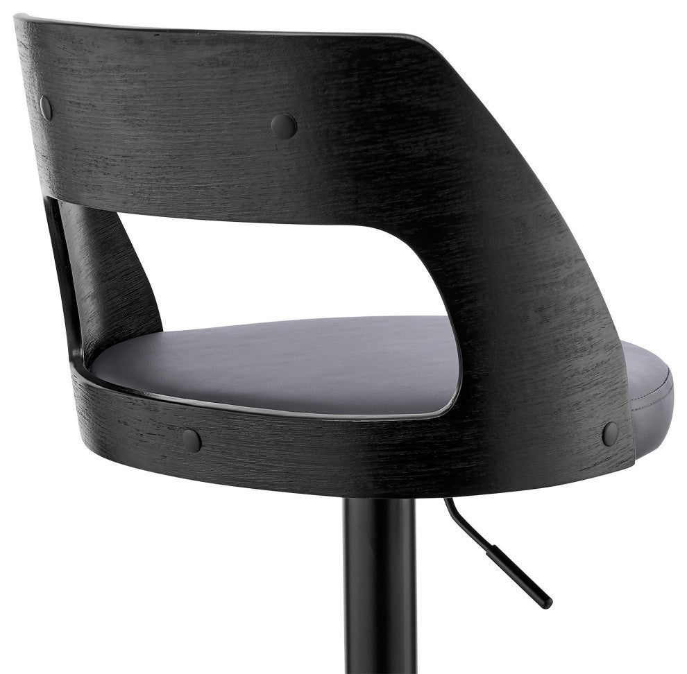 Gray Upholstered Black Base Adjustable Swivel Bar Stool