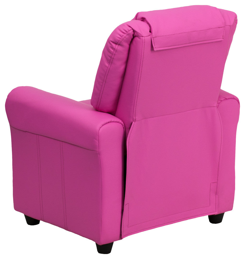 Contemporary Hot Pink Vinyl Kids Recliner With Cup Holder and Headrest