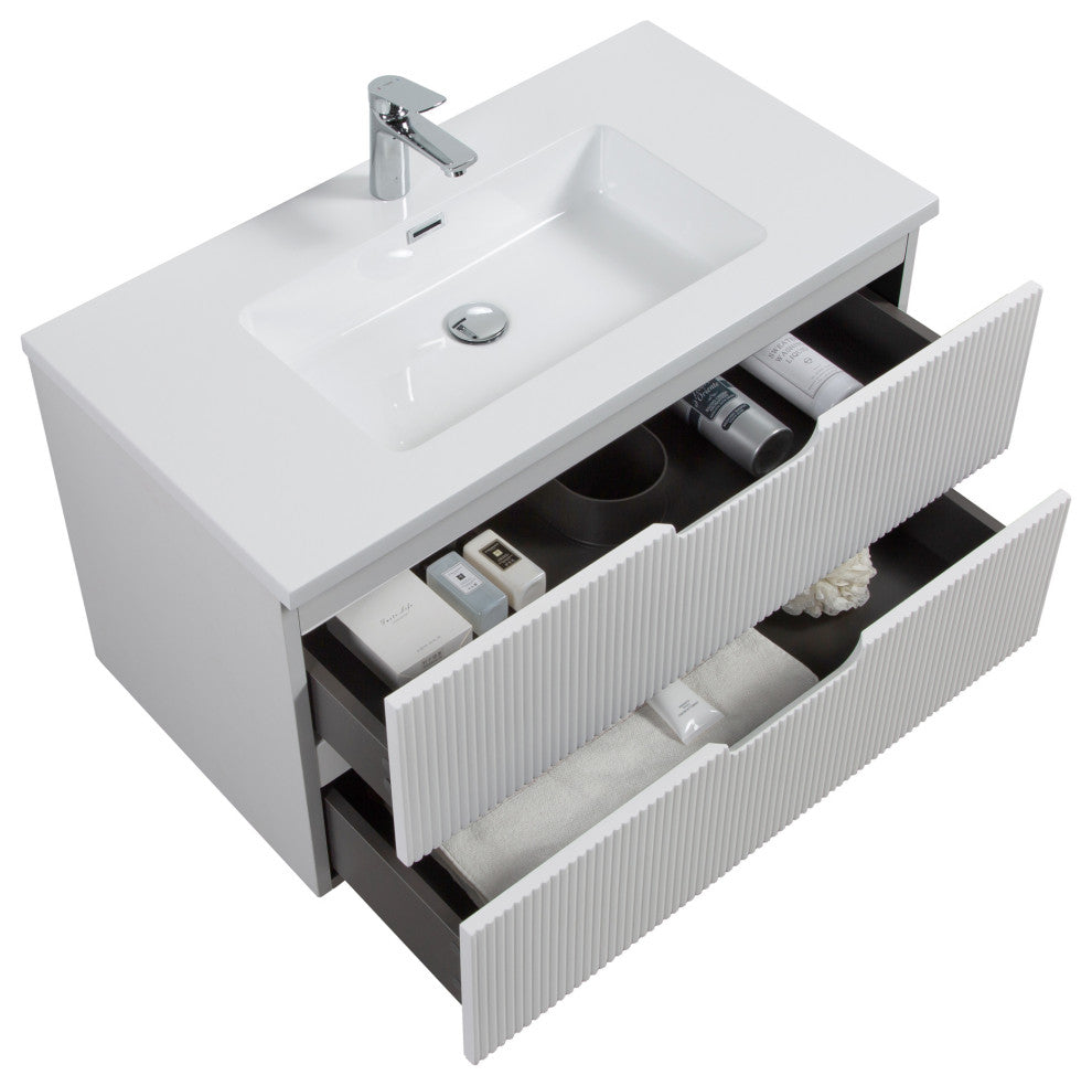 Themis Series White Wall Mount Vanity With A Integrated Sink, 36"