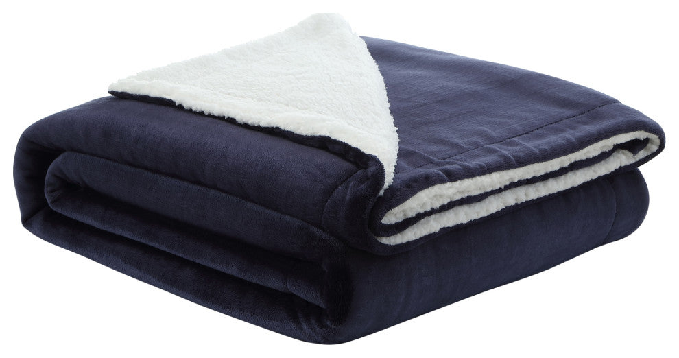 Amarey Flannel Reversible Sherpa Throw Blanket, Navy, 90"x90"