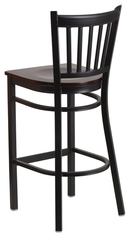 Black Vertical Back Metal Restaurant Barstool, Walnut Wood Seat