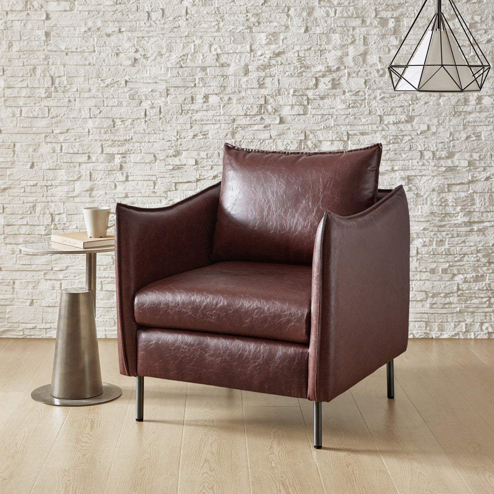 Traditional Leather Armchair With Metal Legs, Brown