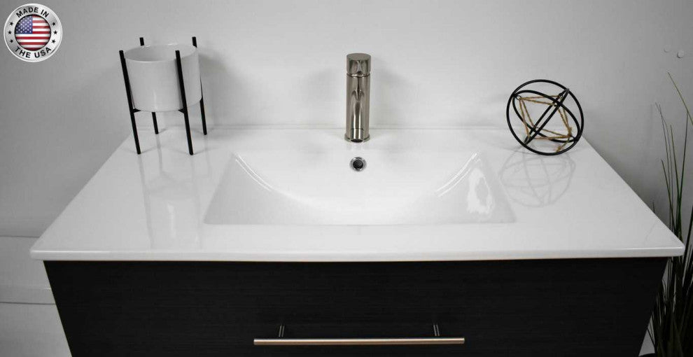 Napa 36" Modern Floating Bathroom Vanity With Ceramic Top and Round Handles, Black Ash