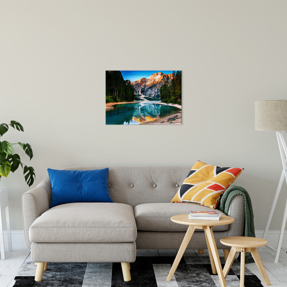 Faux Wood Misty Lake and Snow-cap Mountain Reflections Canvas Prints, 18" X 24"