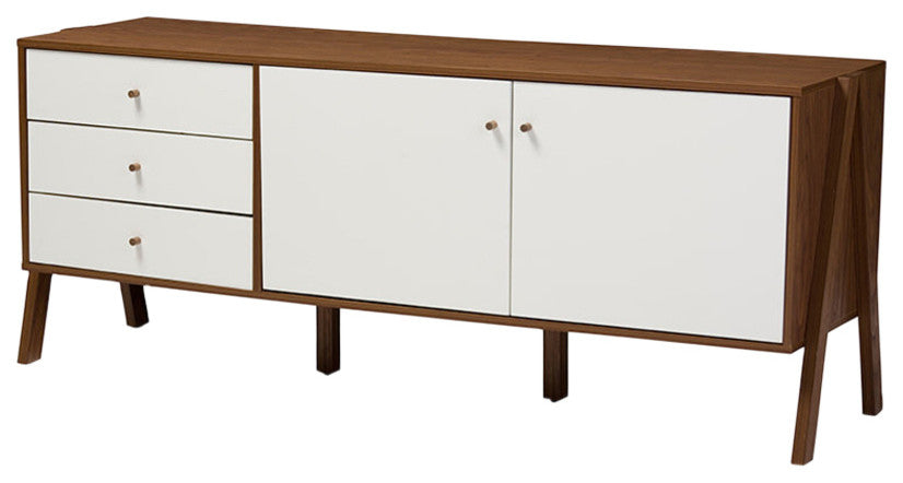 Harlow Mid-Century White and Walnut Wood Sideboard Storage Cabinet