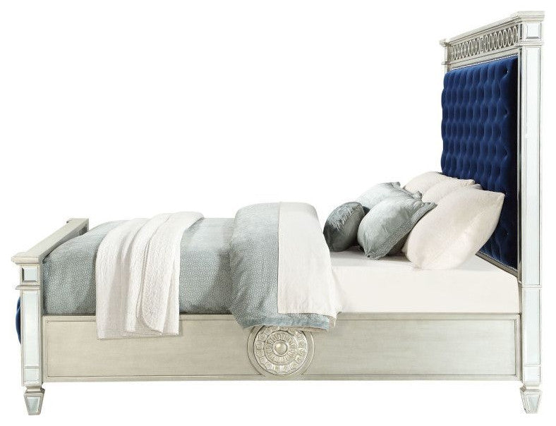 ACME Varian Queen Bed, Blue Velvet and Mirrored