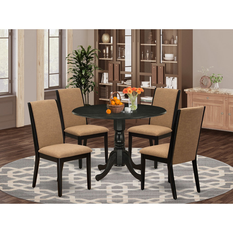 5Pc Dinette Set, Round Table, 4 Chairs, Light Sable Kitchen Chairs Seat, Black