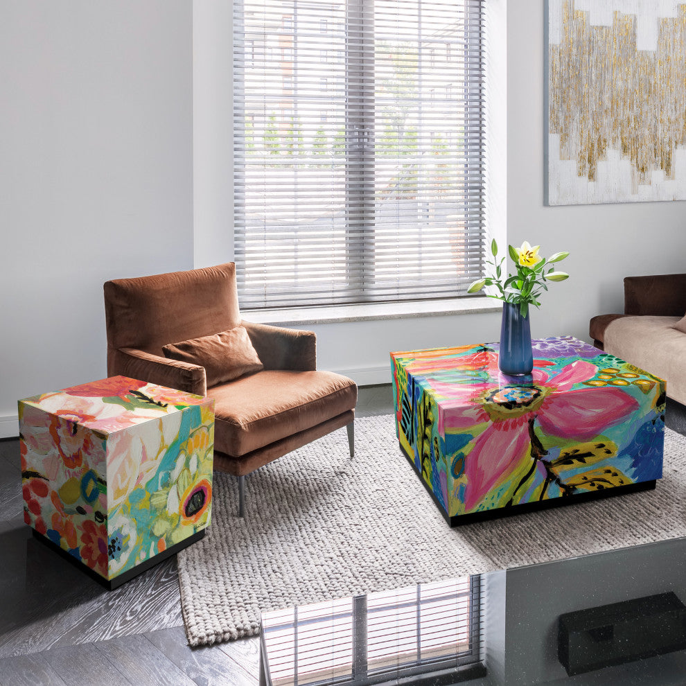 "Secret Garden II & III" Reverse Printed Beveled Art Glass Table, Set of 2