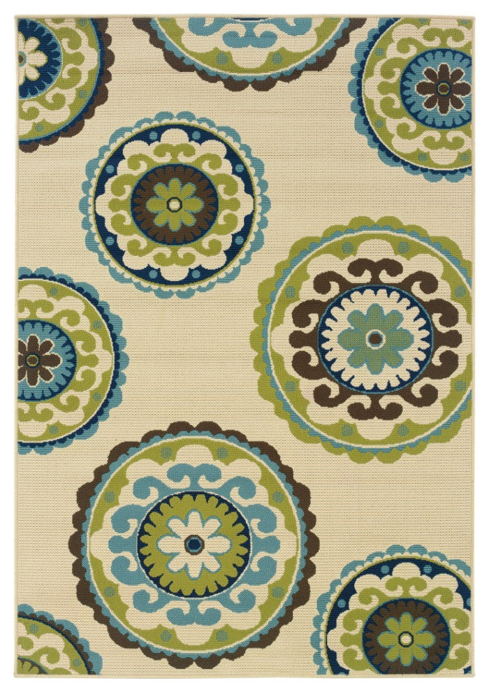 7'x10' Ivory Indigo and Lime Medallion Disc Indoor/Outdoor Area Rug