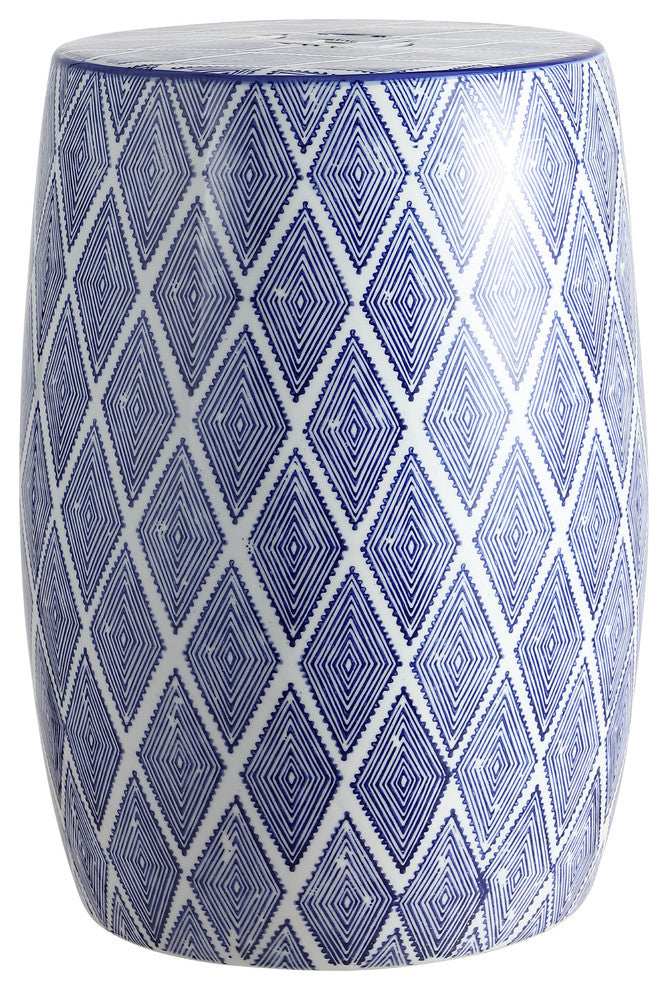 Moroccan Diamonds 18" Ceramic Drum Garden Stool, Blue and White