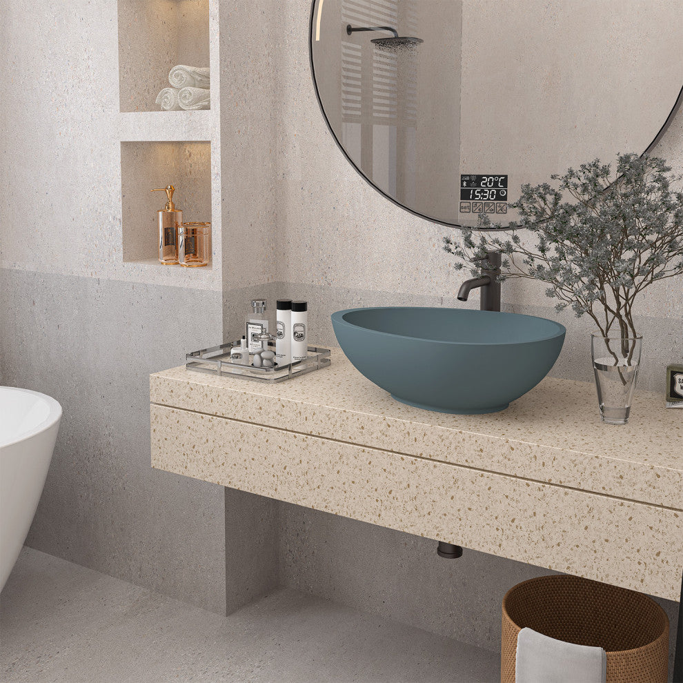 21in Bathroom Egg-shaped Concrete Vessel Sink With Drainer, Blue Ashes
