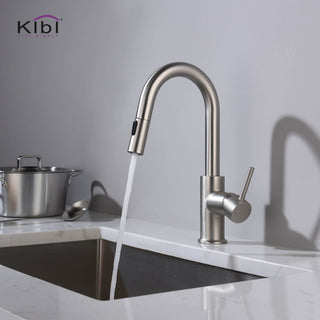 Luxe Single Handle Pull Down Kitchen & Bar Faucet, Brush Nickel W/ Soap Dispenser