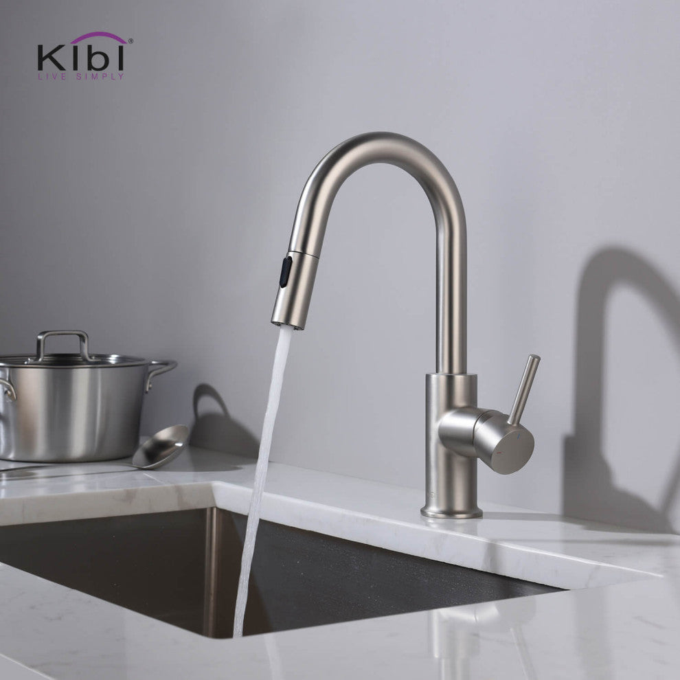 Luxe Single Handle Pull Down Kitchen & Bar Faucet, Brush Nickel W/ Soap Dispenser
