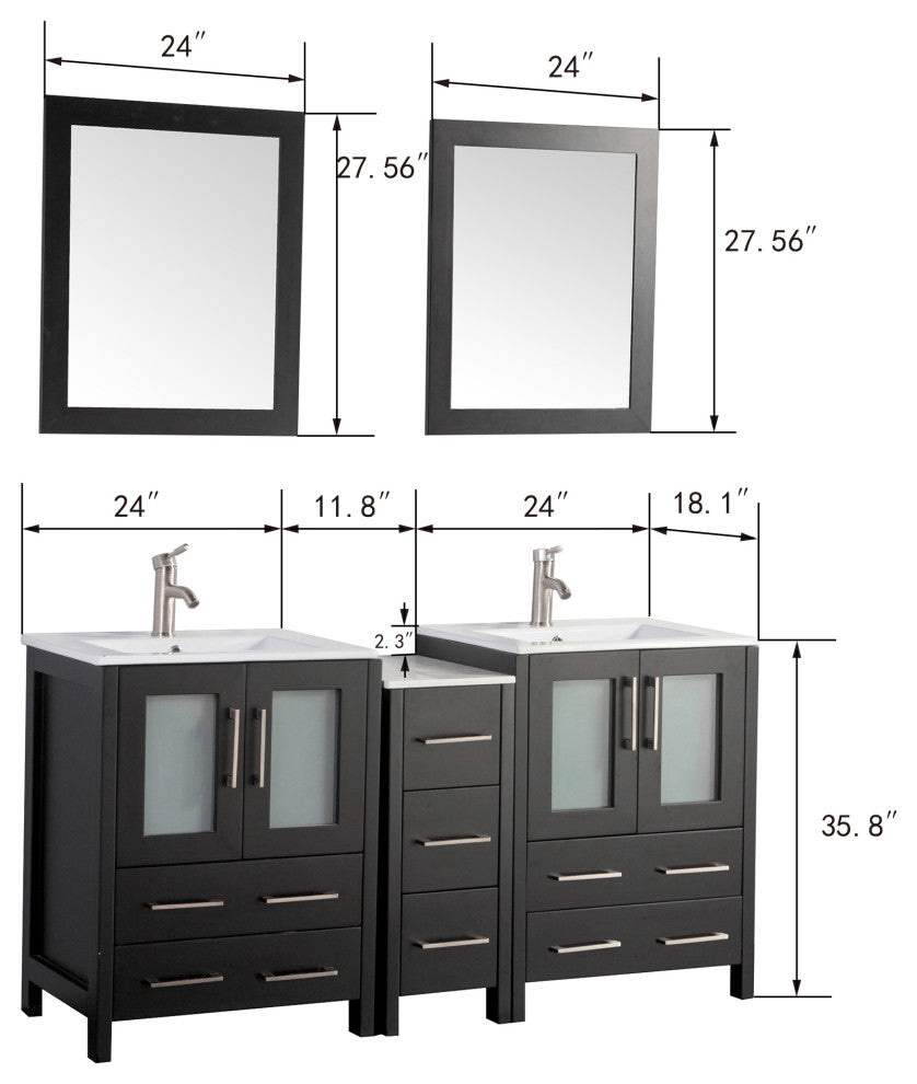 Vanity Art Vanity Set With Ceramic Top, 60", Espresso, Standard Mirror