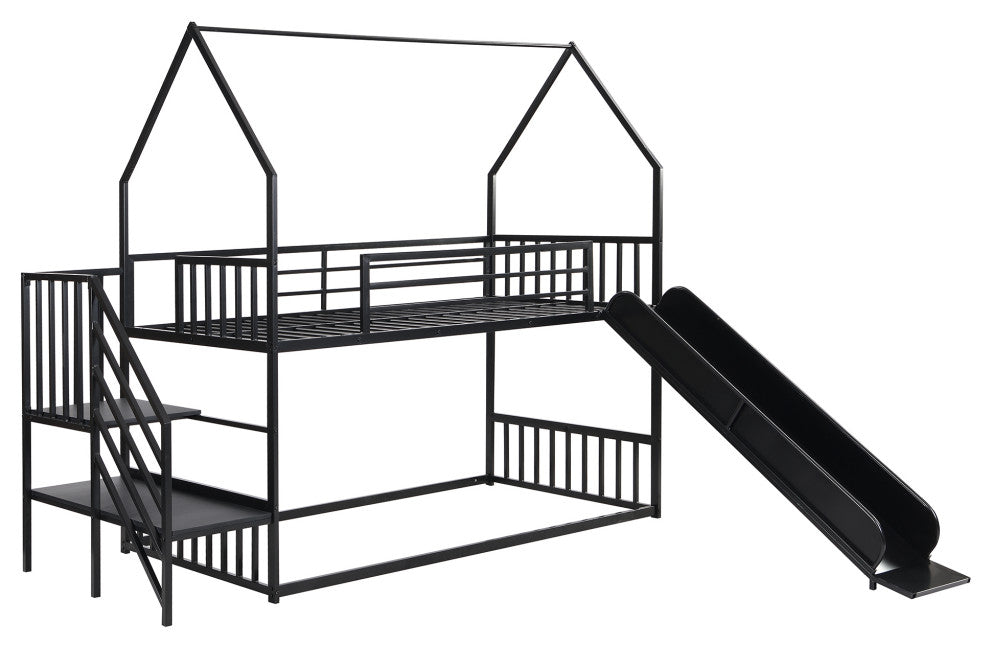 Gewnee Twin Metal Bunk Bed House Bed with Slide and Staircase in Black