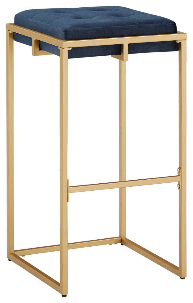 Jasper Gold Finish Velvet Button Tufted Stools, Set of 2, Blue, Bar Height