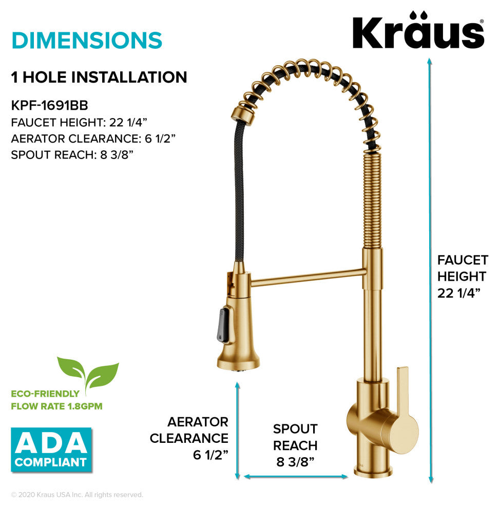 Britt Commercial Style 3-Function Pull-Down 1-Handle 1-Hole Kitchen Faucet, Brushed Brass (Model Kpf-1691bb)