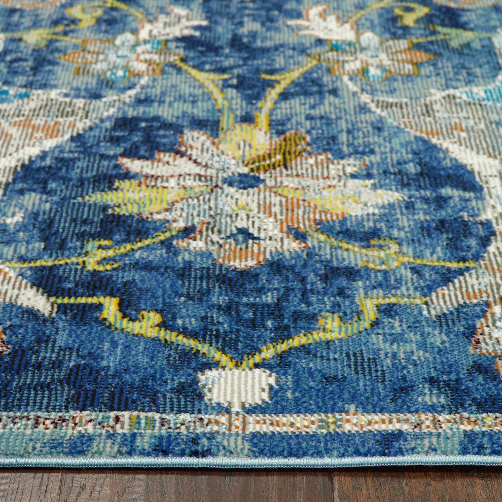 8' x 10' Blue and White Jacobean Pattern Area Rug