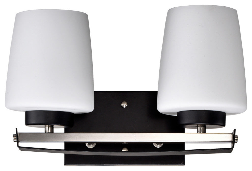 2-Light Black and Brushed Nickel Finish Vanity Light Etched White Glass Shade