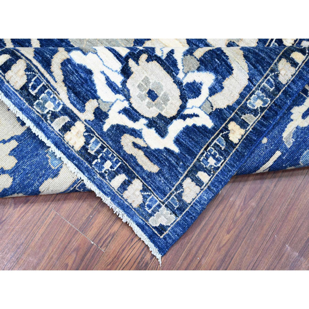 Byzantine Blue Peshawar With Mahal Design Wool Hand Knotted Rug, 8'2"x9'8"