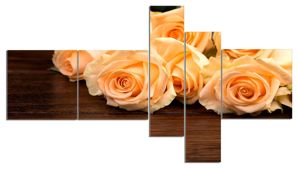 Roses on Wooden Surface Photo, Floral Canvas Art Print, 60"x32", 5 panels