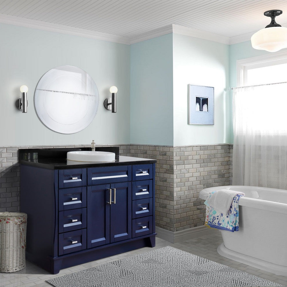 49" Single Sink Vanity, Blue Finish With Black Galaxy Granite And Round Sink