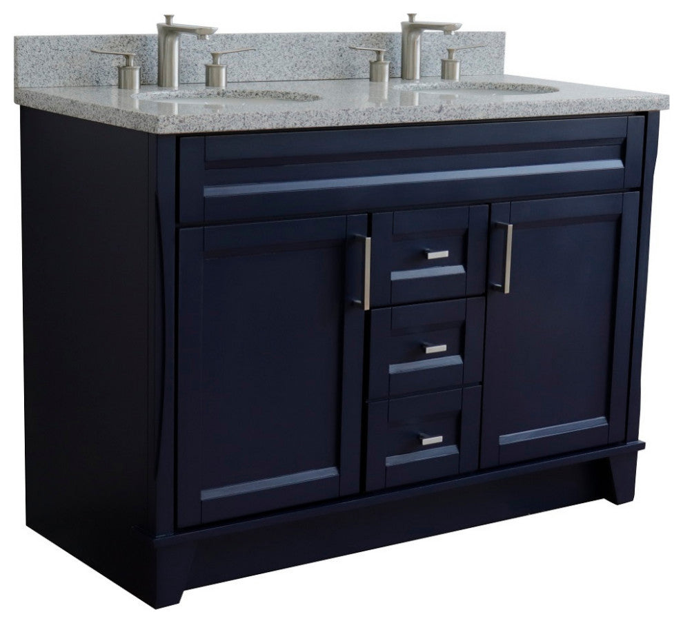 48" Double Sink Vanity, Blue Finish With Gray Granite And Oval Sink