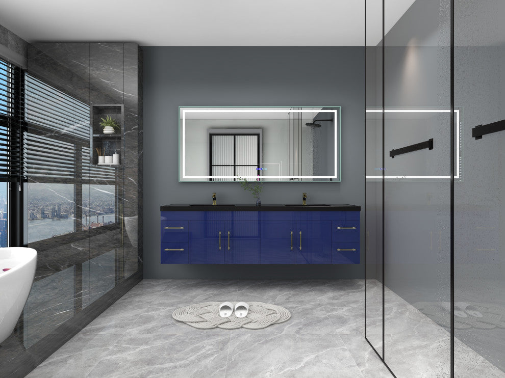Rosa 84" Wall Mounted Modern Vanity, High Gloss Night Blue, Matt Black Top