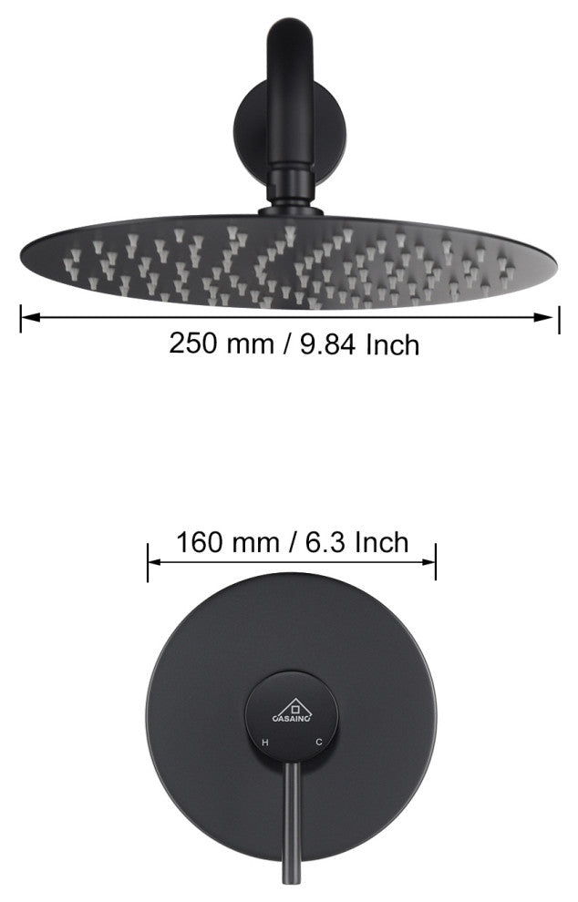 CASAINC 10" Round Wall Mounted Rainfall Luxury Shower System Kit, Matte Black