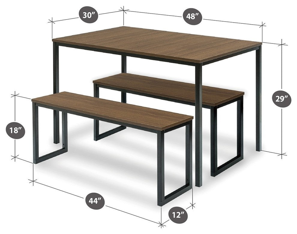 Modern Dining Table With Benches, 3-Piece Set, Brown