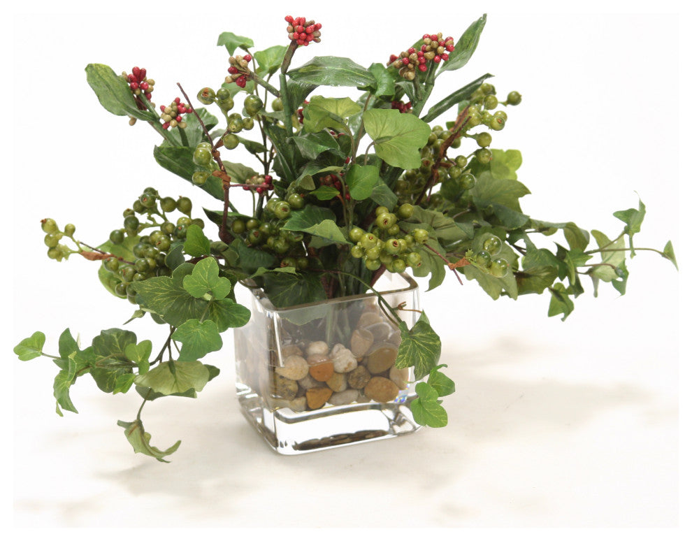 WaterlookÂ® Mixed Greenery, Burgundy-Green Berries in Glass Cube