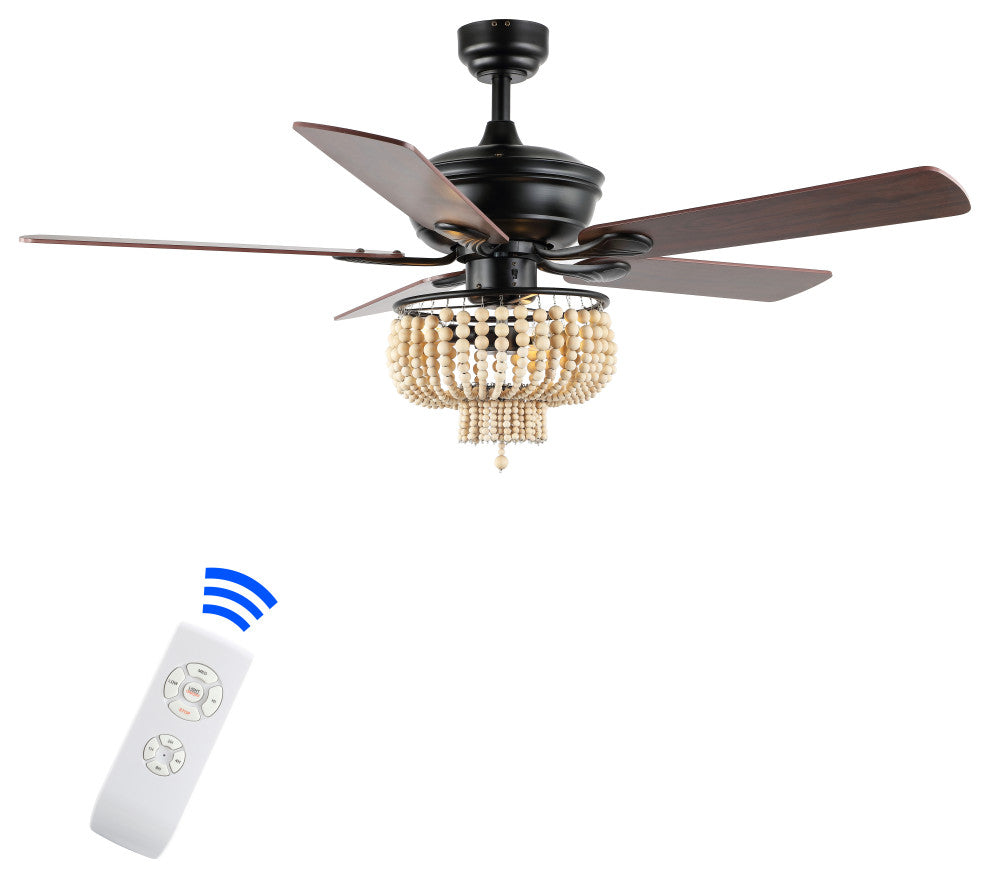 Opal 52" 3-Light Farmhouse Rustic Shade LED Ceiling Fan With Remote, Black