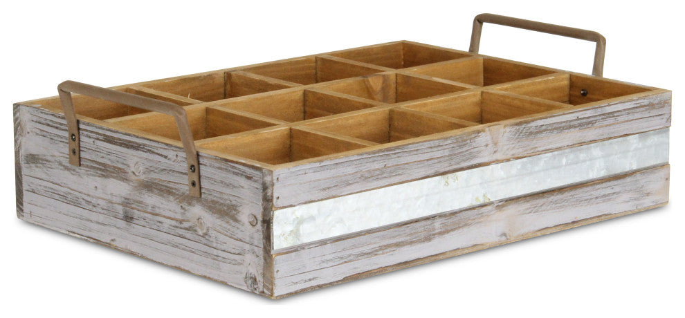 Wooden 12 Compartment Caddy With Metal Accent And Side Handles