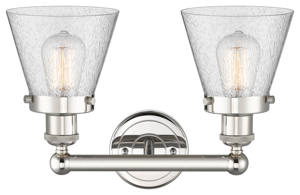 Edison Small Cone 2-Light 16" Vanity Light, Polished Nickel Finish, Seedy Shade